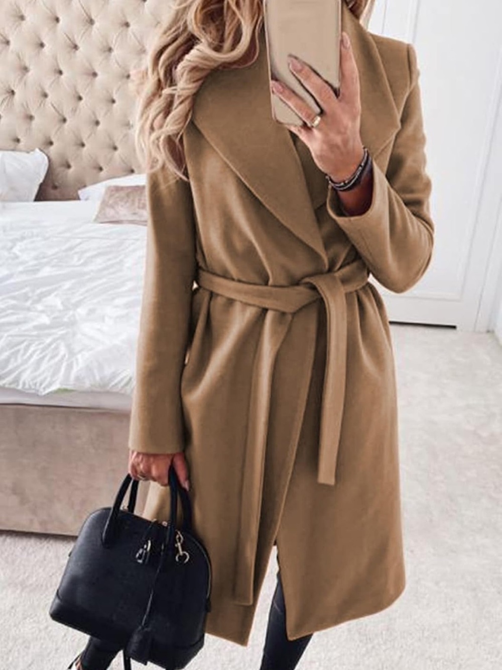 Classic Camel Belted Wrap Coat for Women
